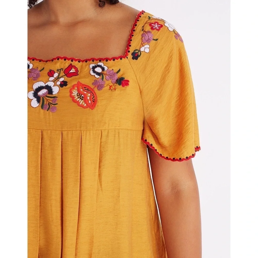 Madewell Floral Embroidered Square-Neck Marigold Yellow Mini Dress Small​​​​​ - Picture 9 of 11